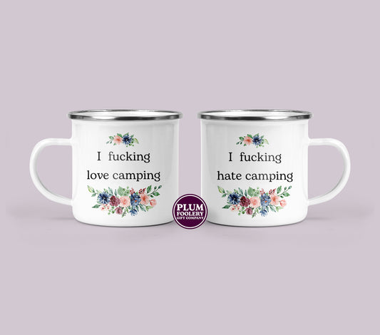 Funny Enamel Camping Mugs for Outdoors - I Love Camping - I Hate Camping